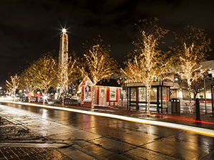 A downtown area is decorated.